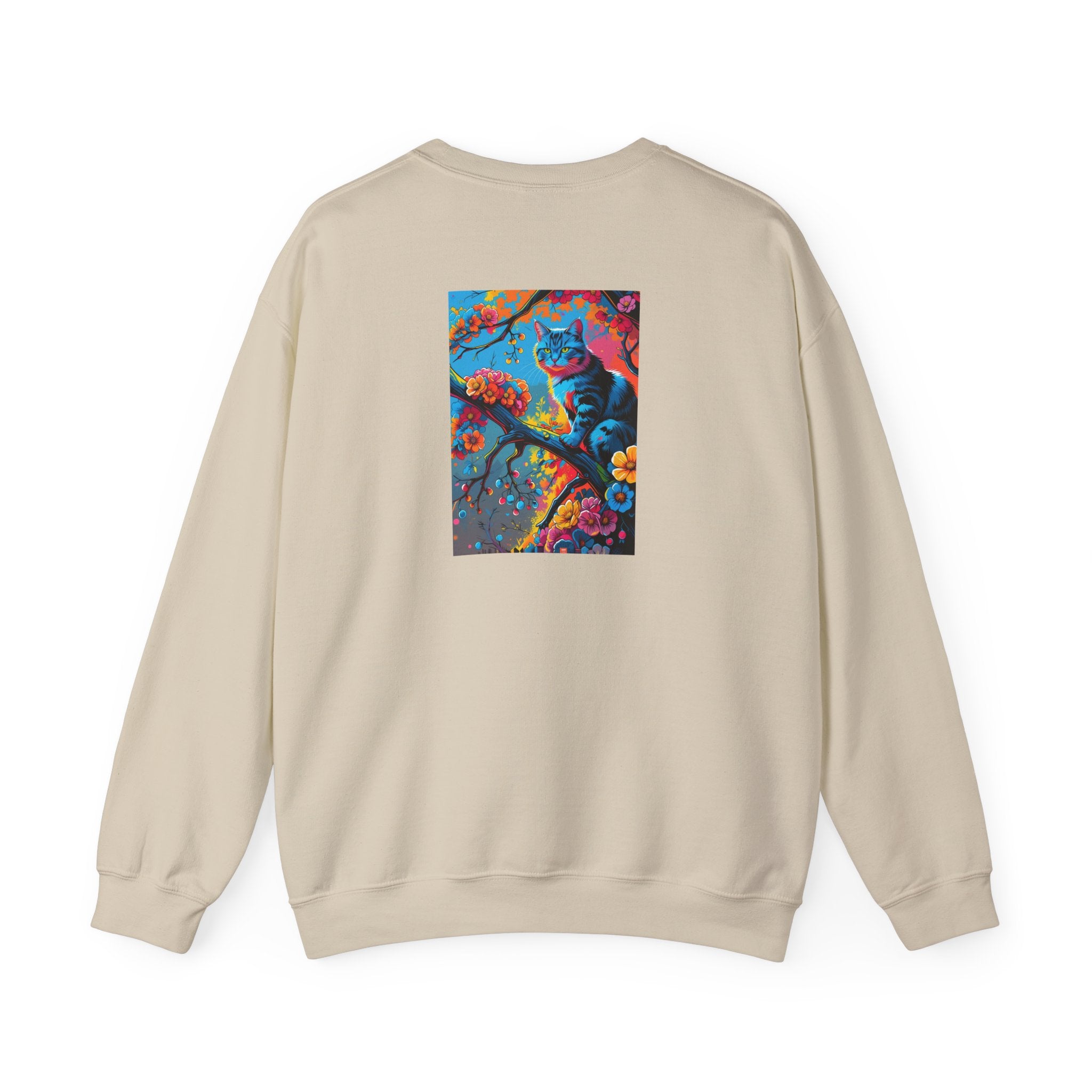 Colorful Tabby Cat on Blossom Branch Sweatshirt | Vibrant Floral Cat Art