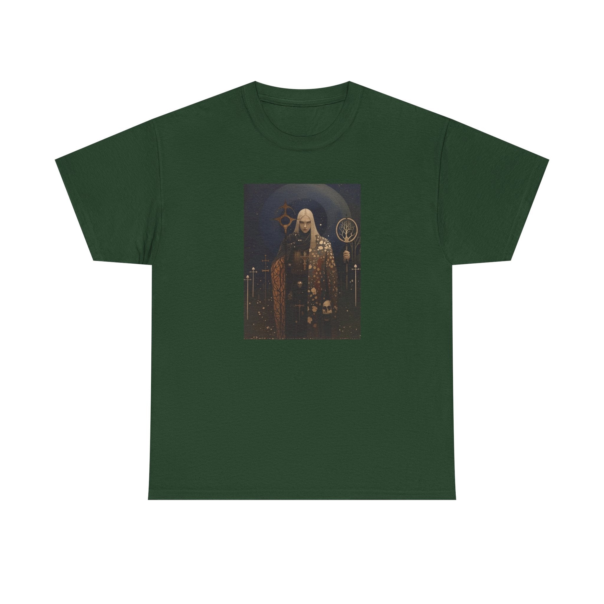 Dark Sorcerer Portrait T-Shirt | Occult Mage Artwork, Moonlit Altar