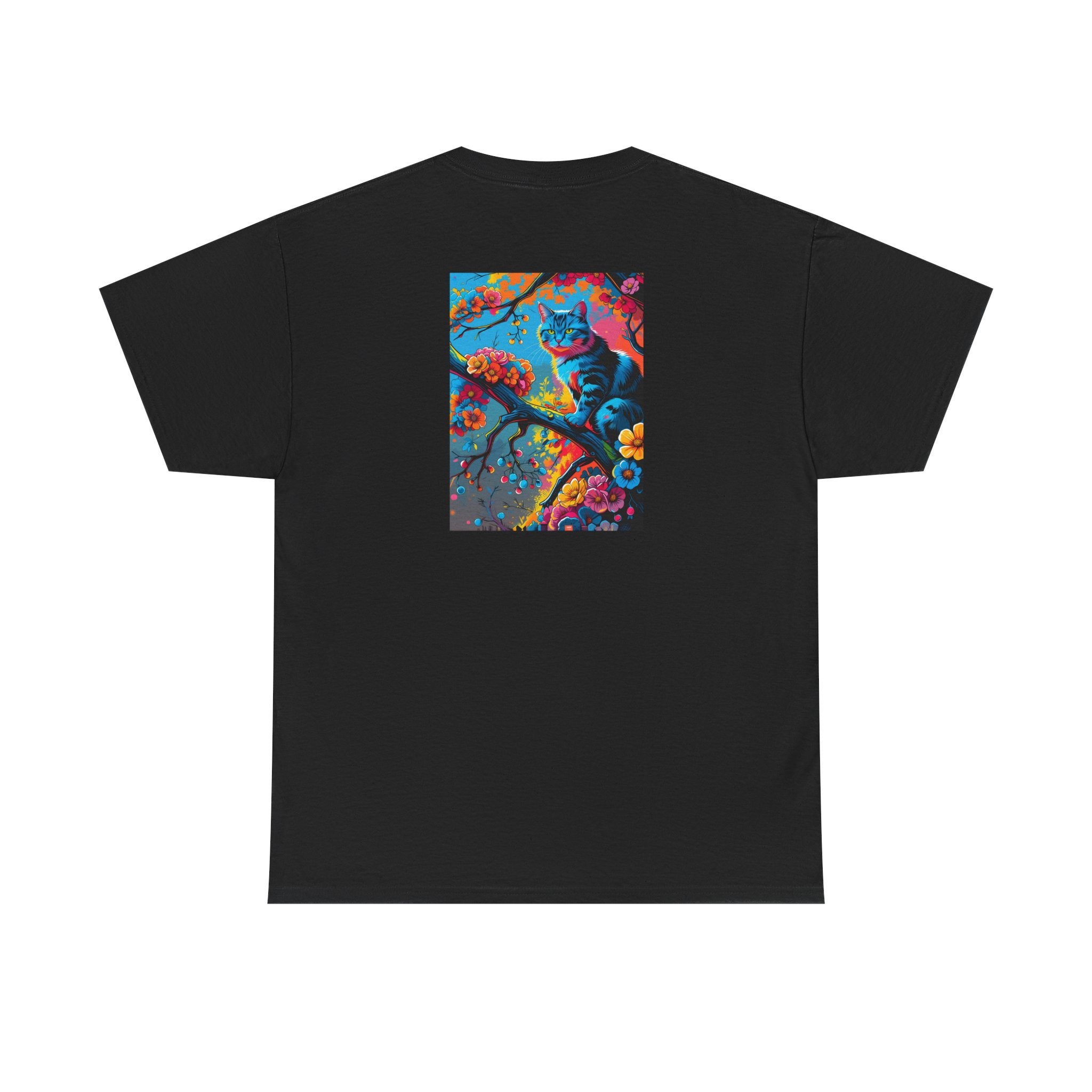 Colorful Tabby Cat on Flowering Branch T-Shirt | Vibrant Floral Cat Art