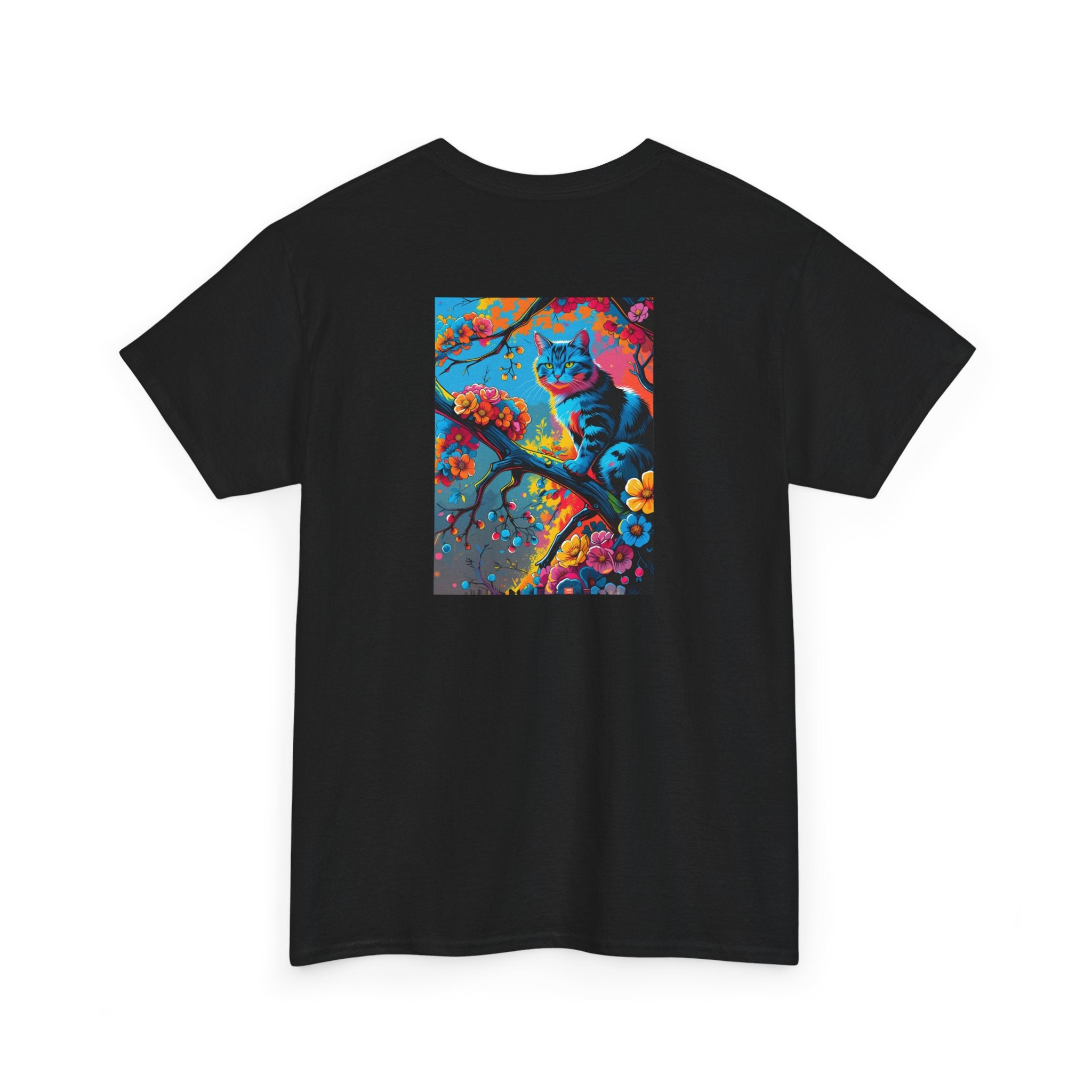 Colorful Tabby Cat on Flowering Branch T-Shirt | Vibrant Floral Cat Art