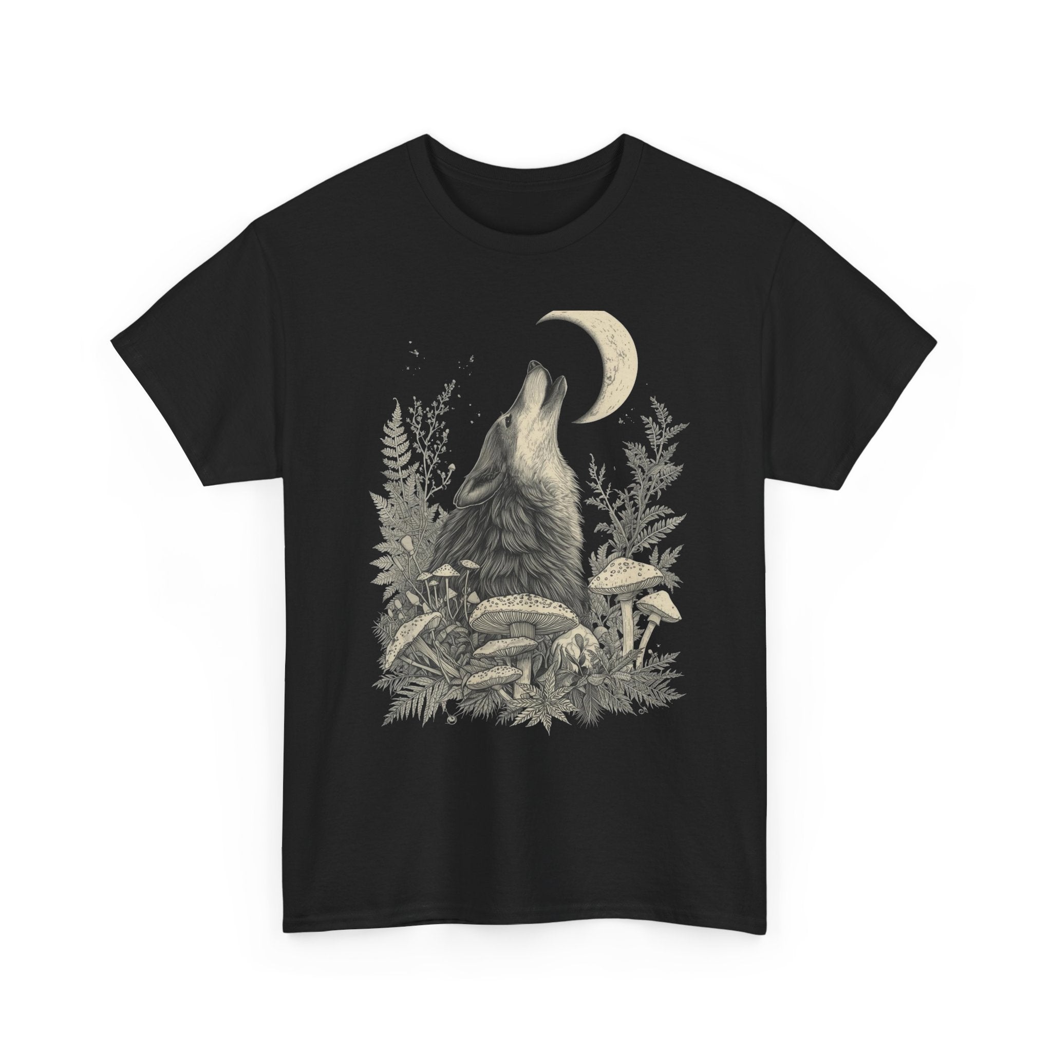 Dark Academia Howling Wolf T-Shirt | Forest Goth Botanical Moon Graphic | Dark Mori Apothecary Aesthetic
