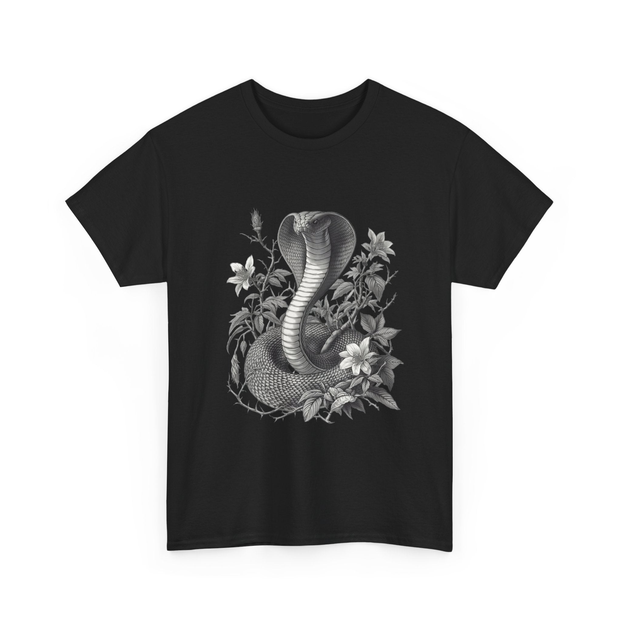 Cobra Snake Illustration Tee | Floral Black and White Serpent Design
