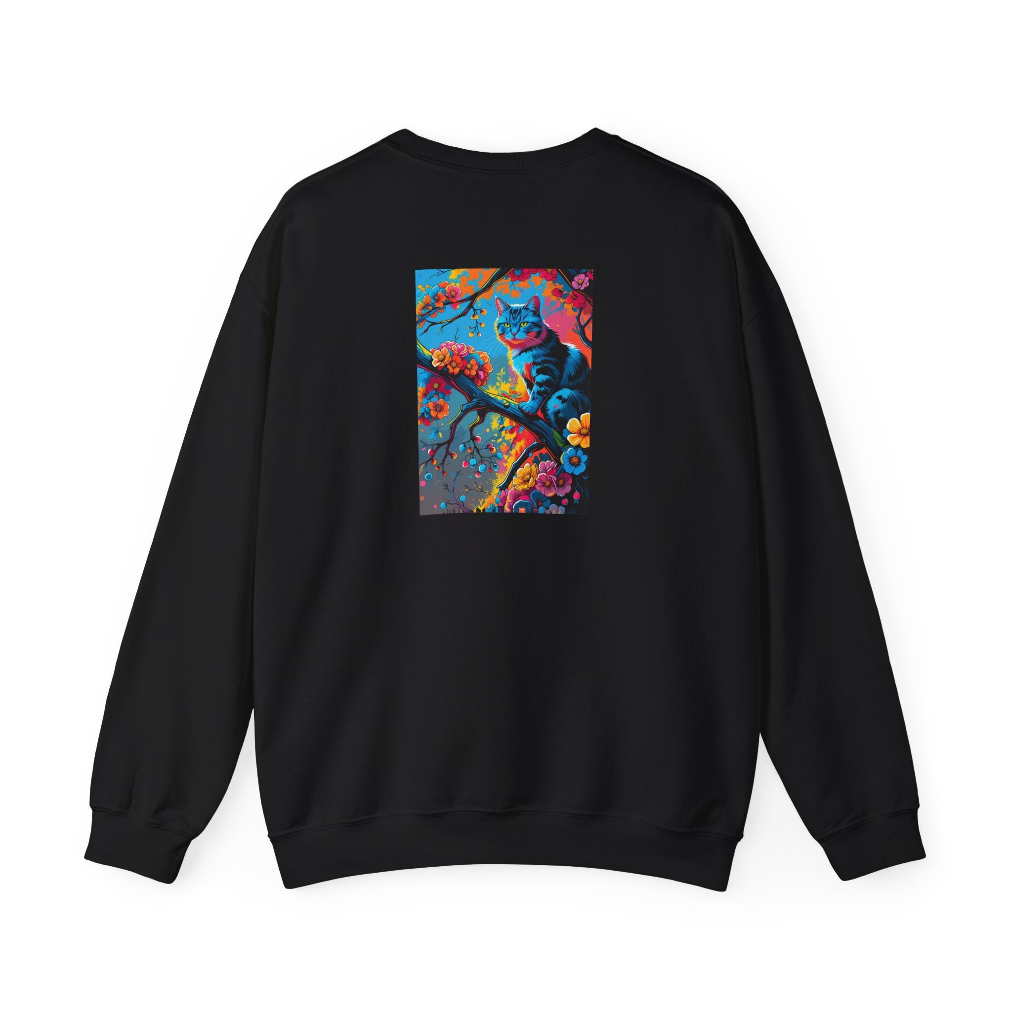 Colorful Tabby Cat on Blossom Branch Sweatshirt | Vibrant Floral Cat Art