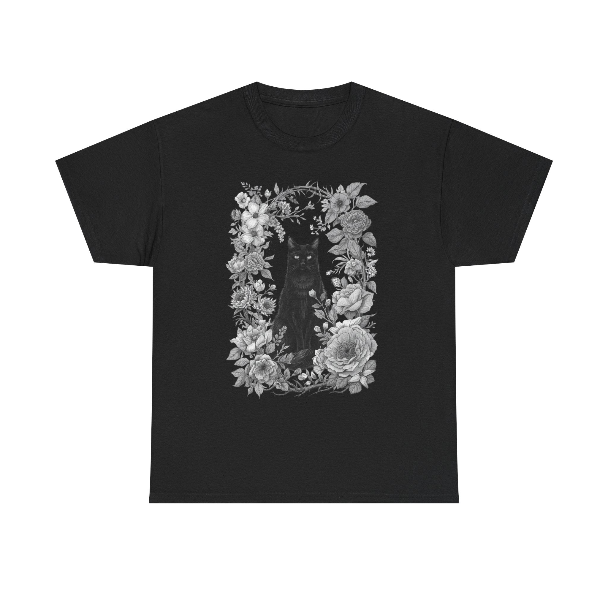 Dark Academia Black Cat & Botanical T-Shirt | Vintage Apothecary Occult Graphic | Forest Goth Herbarium Aesthetic