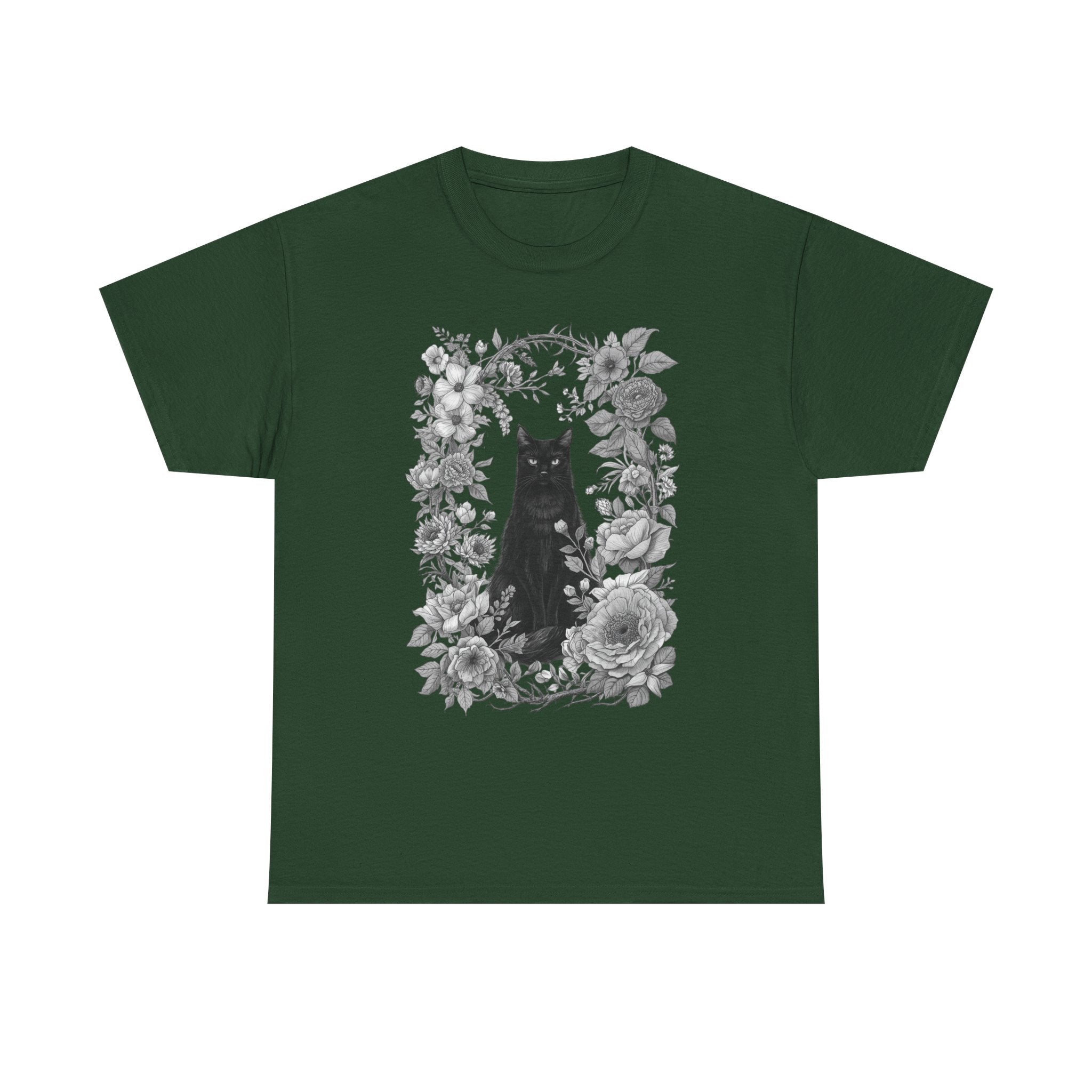 Dark Academia Black Cat & Botanical T-Shirt | Vintage Apothecary Occult Graphic | Forest Goth Herbarium Aesthetic