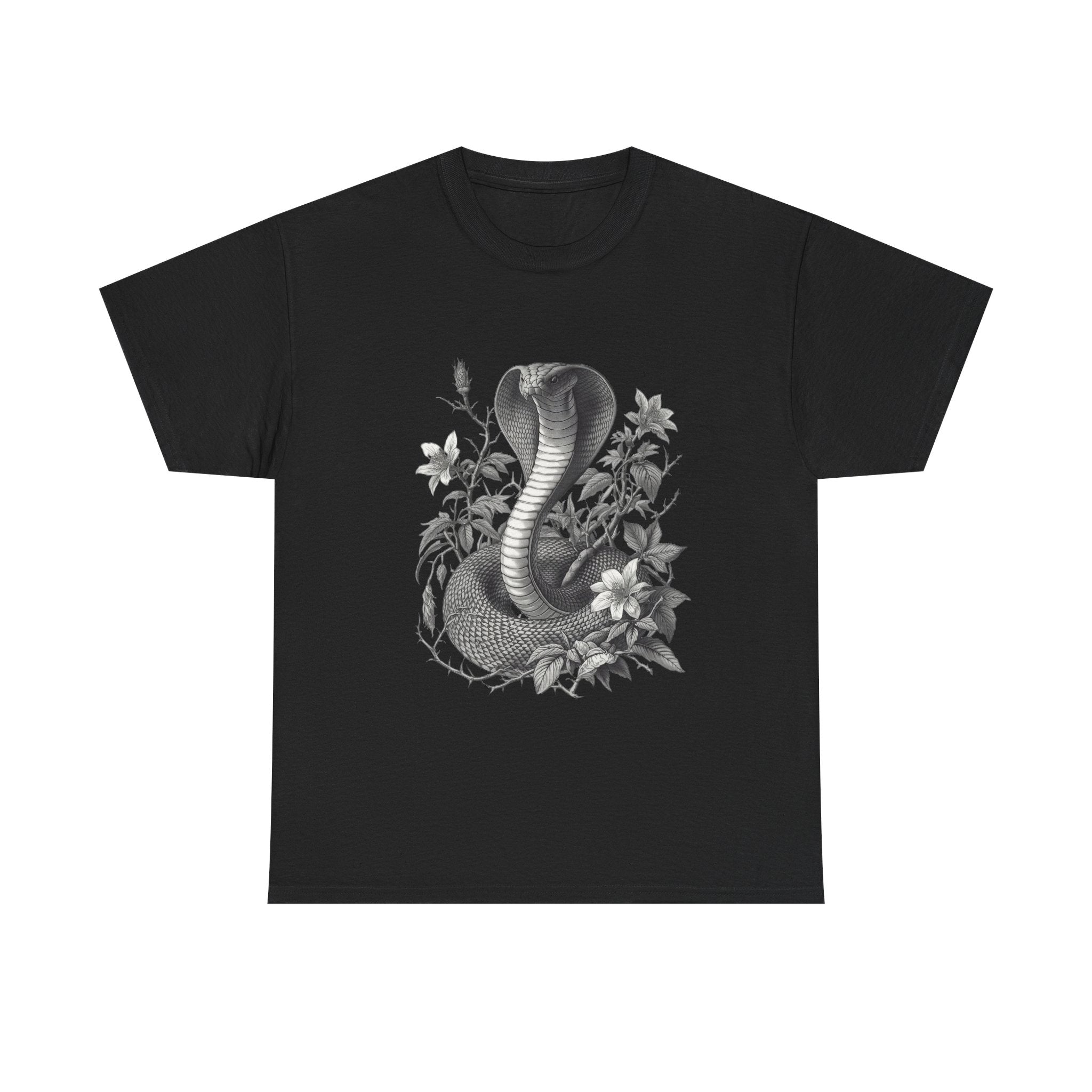 Cobra Snake Illustration Tee | Floral Black and White Serpent Design
