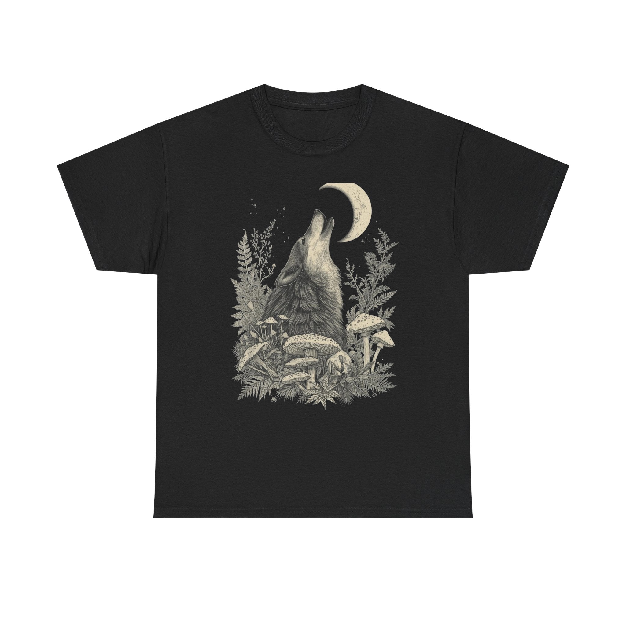 Dark Academia Howling Wolf T-Shirt | Forest Goth Botanical Moon Graphic | Dark Mori Apothecary Aesthetic