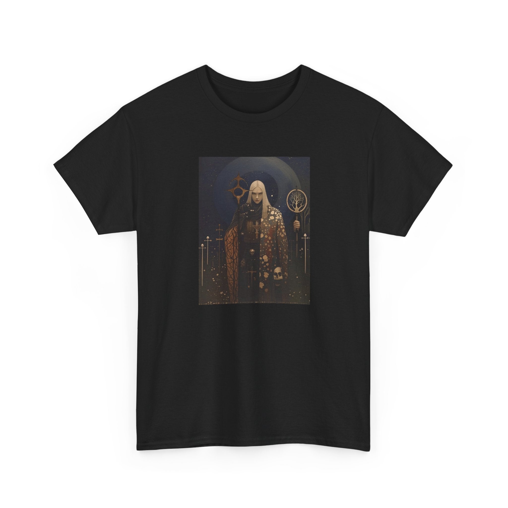 Dark Sorcerer Portrait T-Shirt | Occult Mage Artwork, Moonlit Altar