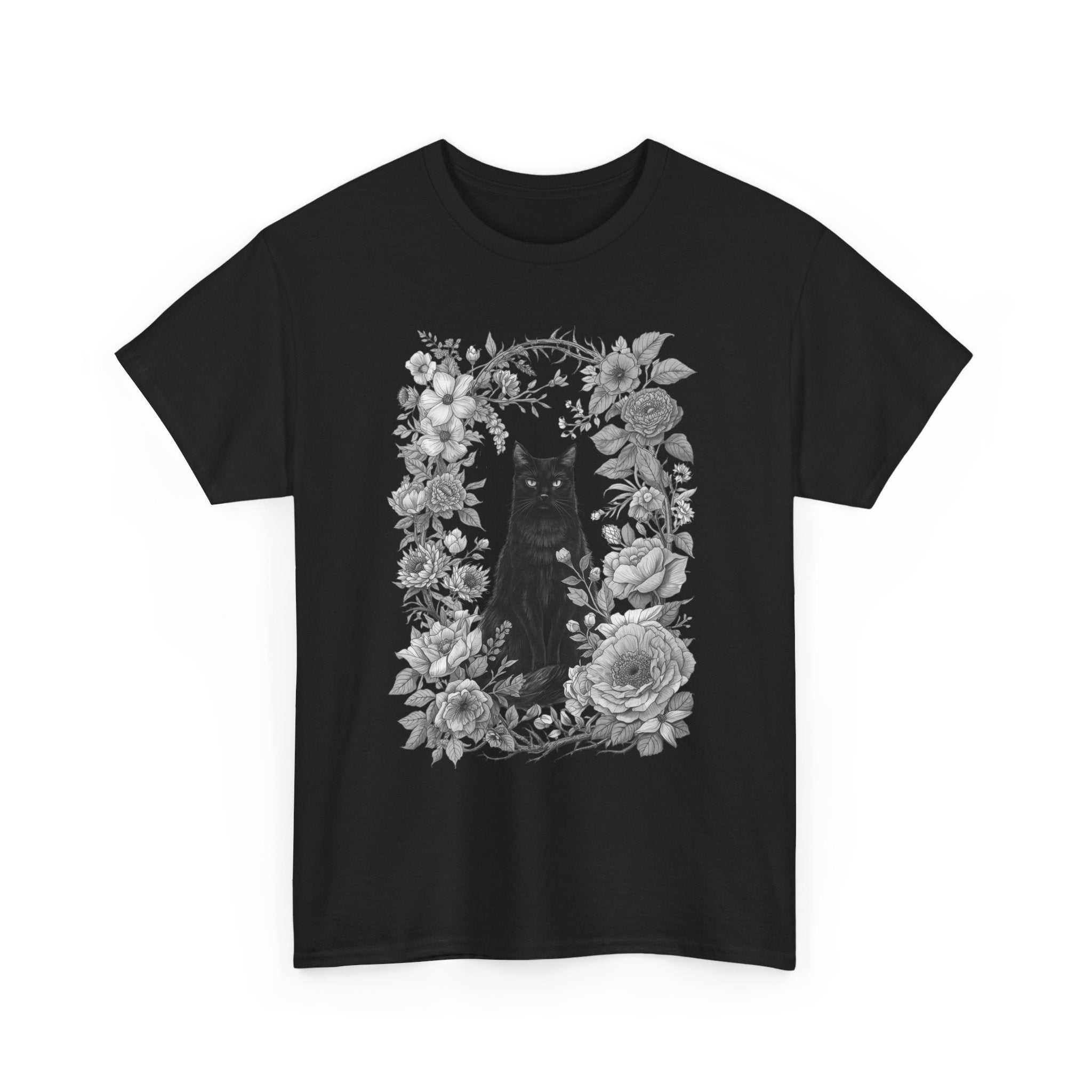 Dark Academia Black Cat & Botanical T-Shirt | Vintage Apothecary Occult Graphic | Forest Goth Herbarium Aesthetic