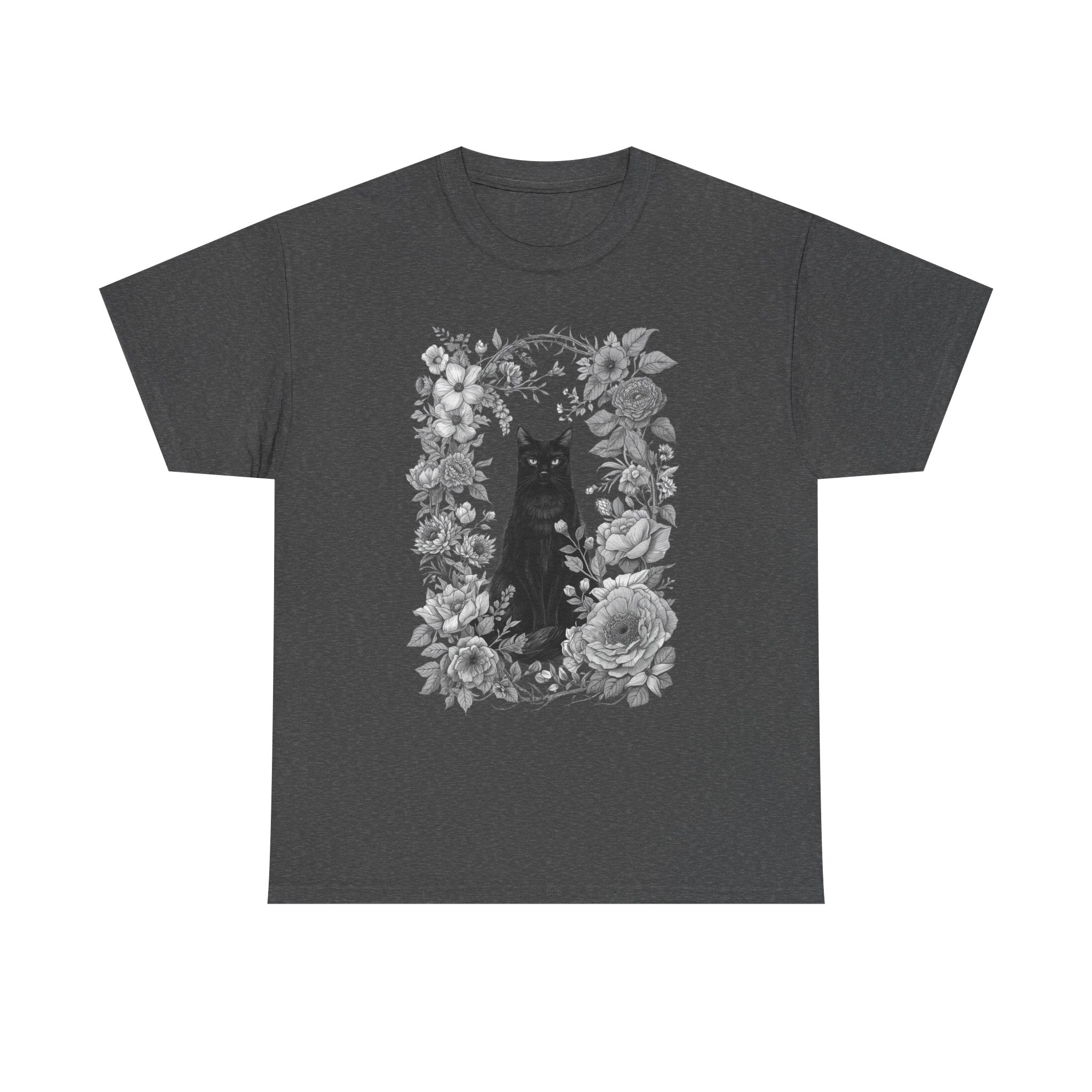 Dark Academia Black Cat & Botanical T-Shirt | Vintage Apothecary Occult Graphic | Forest Goth Herbarium Aesthetic