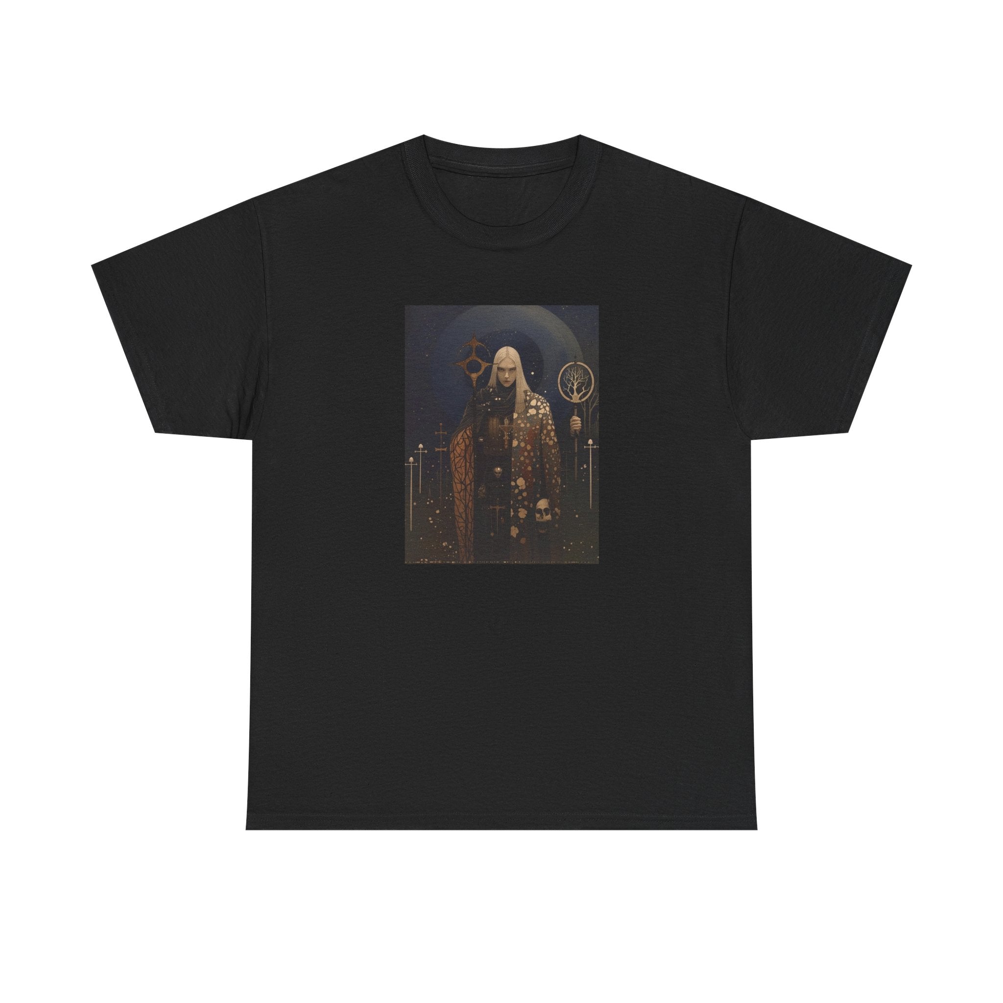 Dark Sorcerer Portrait T-Shirt | Occult Mage Artwork, Moonlit Altar