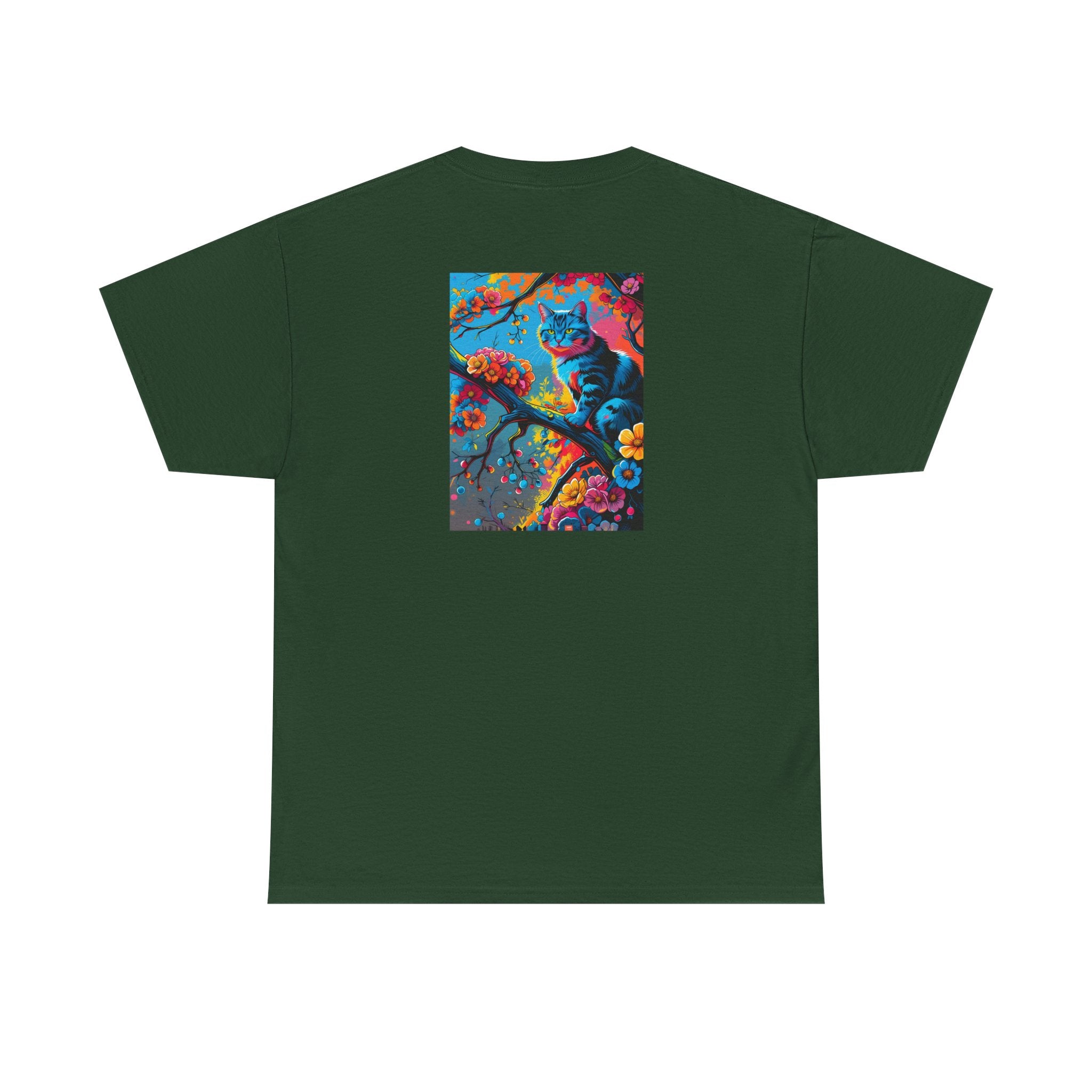Colorful Tabby Cat on Flowering Branch T-Shirt | Vibrant Floral Cat Art